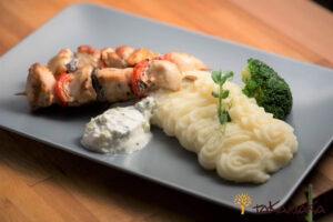 Chicken Skewers with Celery Puree and Tzatziki