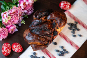 Traditional Romanian Sweet Bread with Blueberry Jam and Almonds